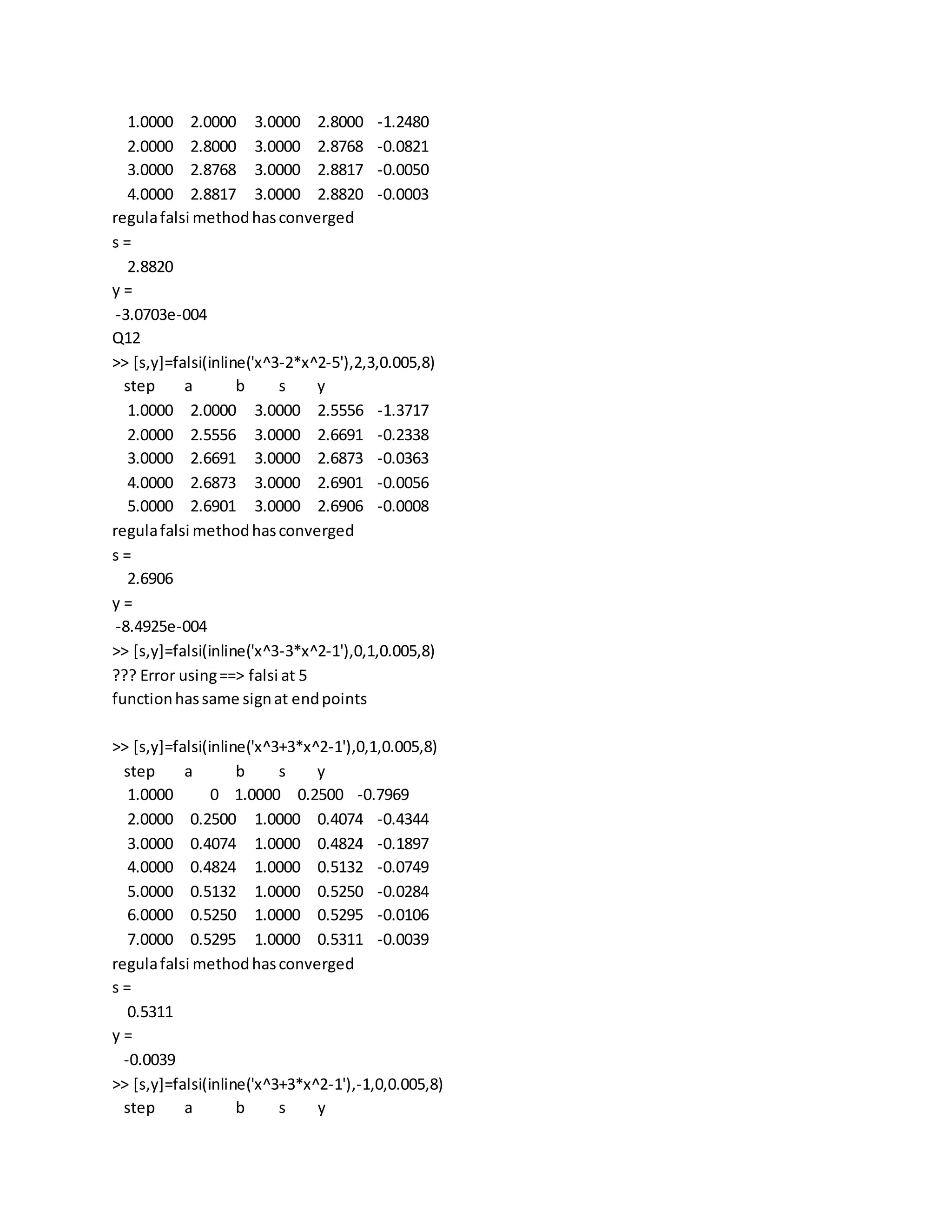 1.0000 2.0000 3.0000 2.8000 -1.2480
2.0000 2.8000 3.0000 2.8768 -0.0821
3.0000 2.8768 3.0000 2.8817 -0.0050
4.0000 2.8817 3.0000 2.8820 -0.0003
regulafalsi methodhasconverged
s =
2.8820
y =
-3.0703e-004
Q12
>> [s,y]=falsi(inline('x^3-2*x^2-5'),2,3,0.005,8)
step a b s y
1.0000 2.0000 3.0000 2.5556 -1.3717
2.0000 2.5556 3.0000 2.6691 -0.2338
3.0000 2.6691 3.0000 2.6873 -0.0363
4.0000 2.6873 3.0000 2.6901 -0.0056
5.0000 2.6901 3.0000 2.6906 -0.0008
regulafalsi methodhasconverged
s =
2.6906
y =
-8.4925e-004
>> [s,y]=falsi(inline('x^3-3*x^2-1'),0,1,0.005,8)
??? Error using==> falsi at 5
functionhassame signat endpoints
>> [s,y]=falsi(inline('x^3+3*x^2-1'),0,1,0.005,8)
step a b s y
1.0000 0 1.0000 0.2500 -0.7969
2.0000 0.2500 1.0000 0.4074 -0.4344
3.0000 0.4074 1.0000 0.4824 -0.1897
4.0000 0.4824 1.0000 0.5132 -0.0749
5.0000 0.5132 1.0000 0.5250 -0.0284
6.0000 0.5250 1.0000 0.5295 -0.0106
7.0000 0.5295 1.0000 0.5311 -0.0039
regulafalsi methodhasconverged
s =
0.5311
y =
-0.0039
>> [s,y]=falsi(inline('x^3+3*x^2-1'),-1,0,0.005,8)
step a b s y
 