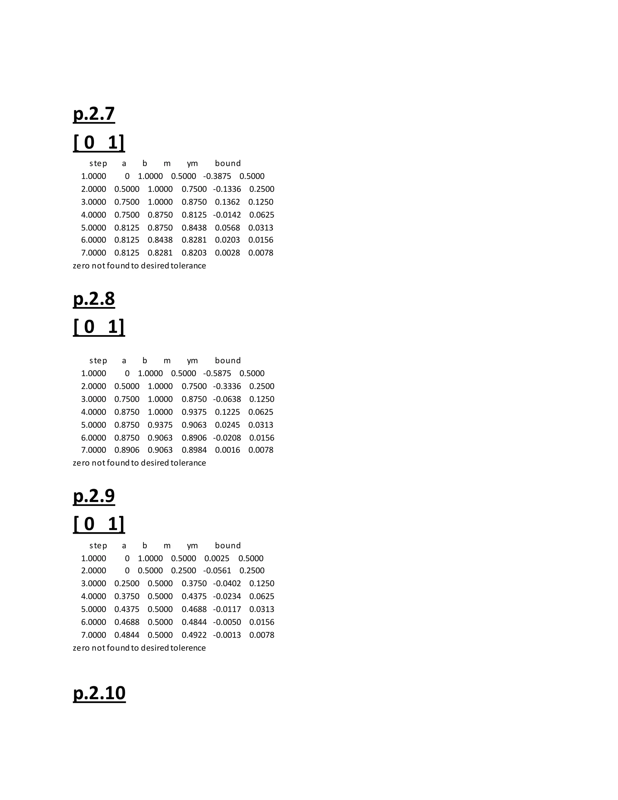 p.2.7
[ 0 1]
step a b m ym bound
1.0000 0 1.0000 0.5000 -0.3875 0.5000
2.0000 0.5000 1.0000 0.7500 -0.1336 0.2500
3.0000 0.7500 1.0000 0.8750 0.1362 0.1250
4.0000 0.7500 0.8750 0.8125 -0.0142 0.0625
5.0000 0.8125 0.8750 0.8438 0.0568 0.0313
6.0000 0.8125 0.8438 0.8281 0.0203 0.0156
7.0000 0.8125 0.8281 0.8203 0.0028 0.0078
zero not foundto desiredtolerance
p.2.8
[ 0 1]
step a b m ym bound
1.0000 0 1.0000 0.5000 -0.5875 0.5000
2.0000 0.5000 1.0000 0.7500 -0.3336 0.2500
3.0000 0.7500 1.0000 0.8750 -0.0638 0.1250
4.0000 0.8750 1.0000 0.9375 0.1225 0.0625
5.0000 0.8750 0.9375 0.9063 0.0245 0.0313
6.0000 0.8750 0.9063 0.8906 -0.0208 0.0156
7.0000 0.8906 0.9063 0.8984 0.0016 0.0078
zero not foundto desired tolerance
p.2.9
[ 0 1]
step a b m ym bound
1.0000 0 1.0000 0.5000 0.0025 0.5000
2.0000 0 0.5000 0.2500 -0.0561 0.2500
3.0000 0.2500 0.5000 0.3750 -0.0402 0.1250
4.0000 0.3750 0.5000 0.4375 -0.0234 0.0625
5.0000 0.4375 0.5000 0.4688 -0.0117 0.0313
6.0000 0.4688 0.5000 0.4844 -0.0050 0.0156
7.0000 0.4844 0.5000 0.4922 -0.0013 0.0078
zero not foundto desiredtolerence
p.2.10
 