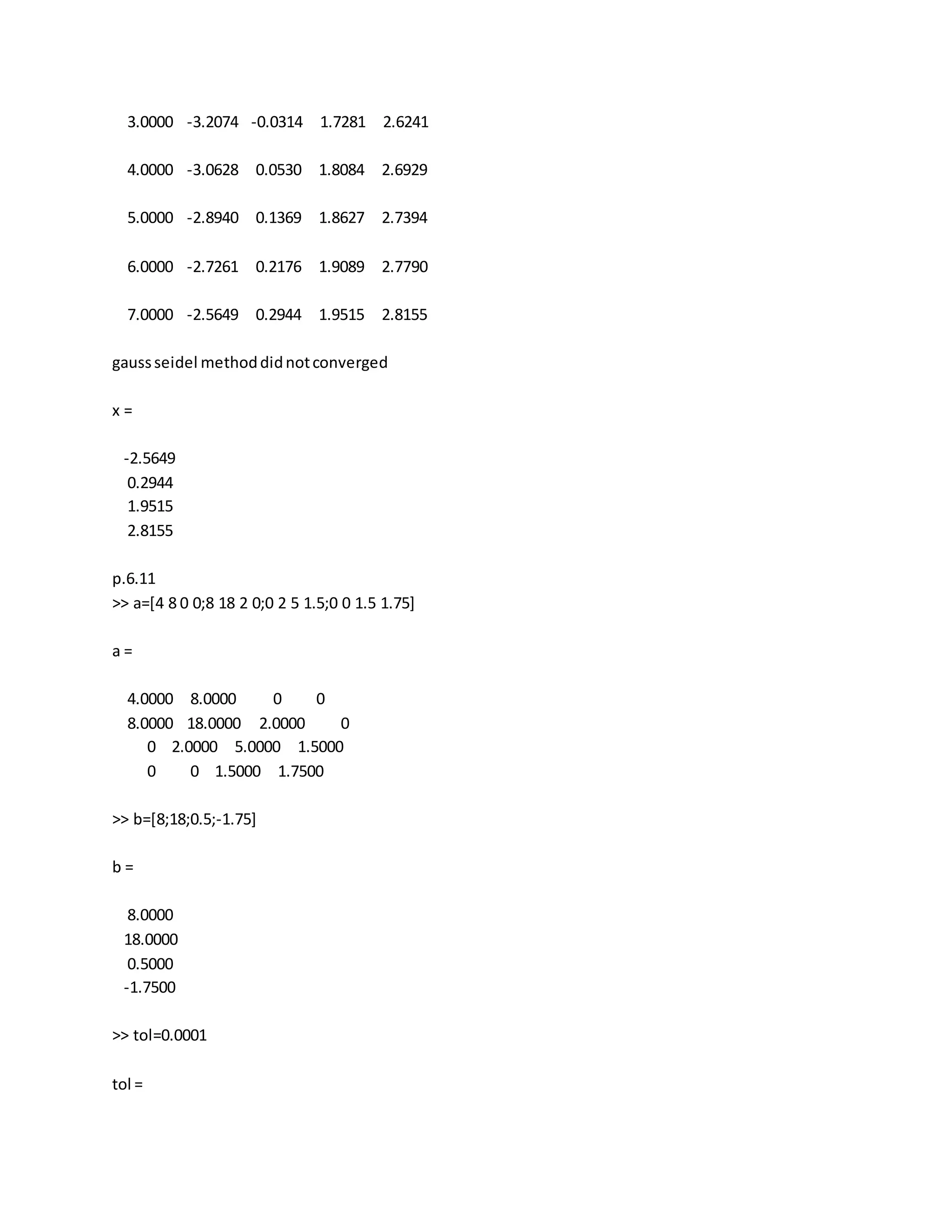 3.0000 -3.2074 -0.0314 1.7281 2.6241
4.0000 -3.0628 0.0530 1.8084 2.6929
5.0000 -2.8940 0.1369 1.8627 2.7394
6.0000 -2.7261 0.2176 1.9089 2.7790
7.0000 -2.5649 0.2944 1.9515 2.8155
gaussseidel methoddidnotconverged
x =
-2.5649
0.2944
1.9515
2.8155
p.6.11
>> a=[4 8 0 0;8 18 2 0;0 2 5 1.5;0 0 1.5 1.75]
a =
4.0000 8.0000 0 0
8.0000 18.0000 2.0000 0
0 2.0000 5.0000 1.5000
0 0 1.5000 1.7500
>> b=[8;18;0.5;-1.75]
b =
8.0000
18.0000
0.5000
-1.7500
>> tol=0.0001
tol =
 