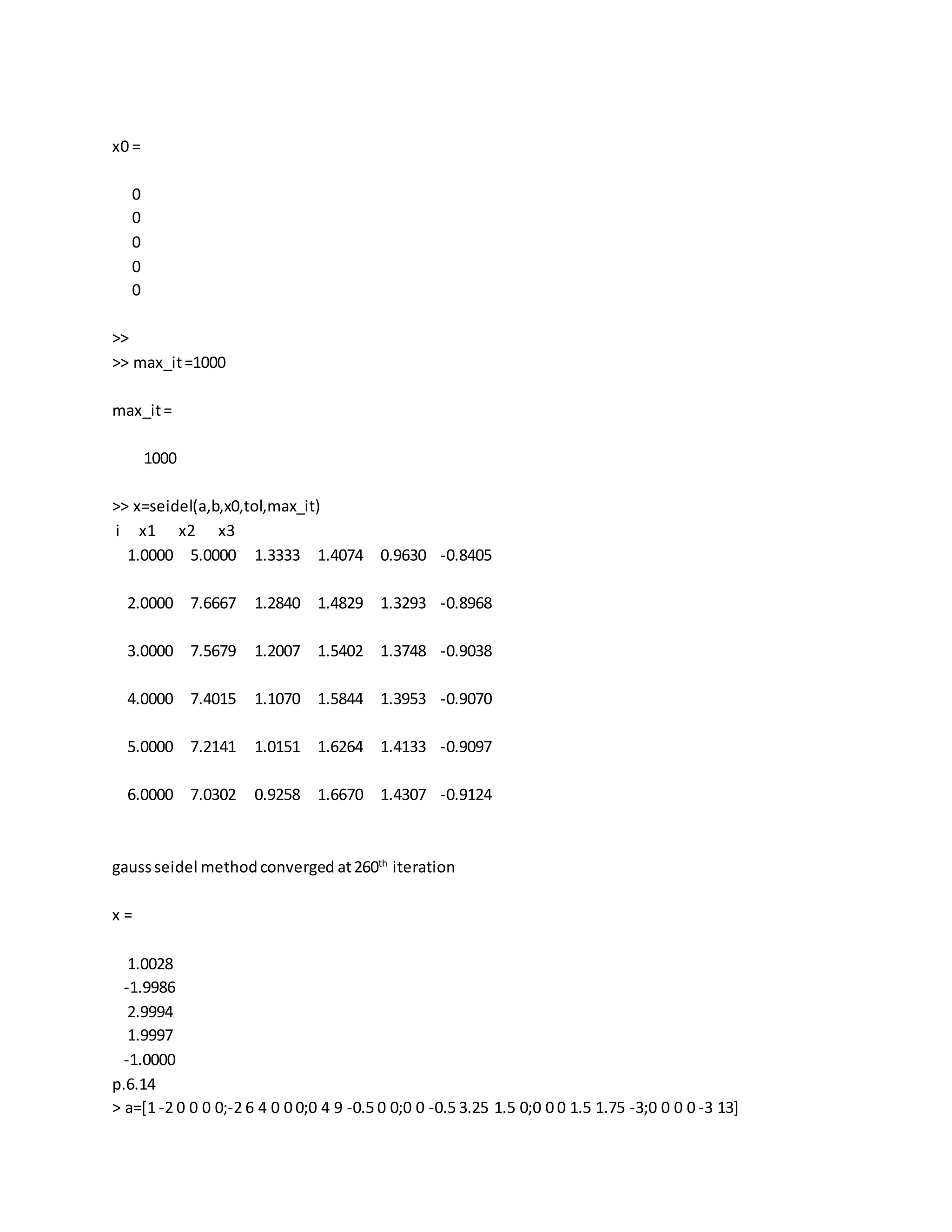 x0 =
0
0
0
0
0
>>
>> max_it=1000
max_it=
1000
>> x=seidel(a,b,x0,tol,max_it)
i x1 x2 x3
1.0000 5.0000 1.3333 1.4074 0.9630 -0.8405
2.0000 7.6667 1.2840 1.4829 1.3293 -0.8968
3.0000 7.5679 1.2007 1.5402 1.3748 -0.9038
4.0000 7.4015 1.1070 1.5844 1.3953 -0.9070
5.0000 7.2141 1.0151 1.6264 1.4133 -0.9097
6.0000 7.0302 0.9258 1.6670 1.4307 -0.9124
gaussseidel methodconverged at260th
iteration
x =
1.0028
-1.9986
2.9994
1.9997
-1.0000
p.6.14
> a=[1 -2 0 0 0 0;-2 6 4 0 0 0;0 4 9 -0.5 0 0;0 0 -0.5 3.25 1.5 0;0 0 0 1.5 1.75 -3;0 0 0 0 -3 13]
 