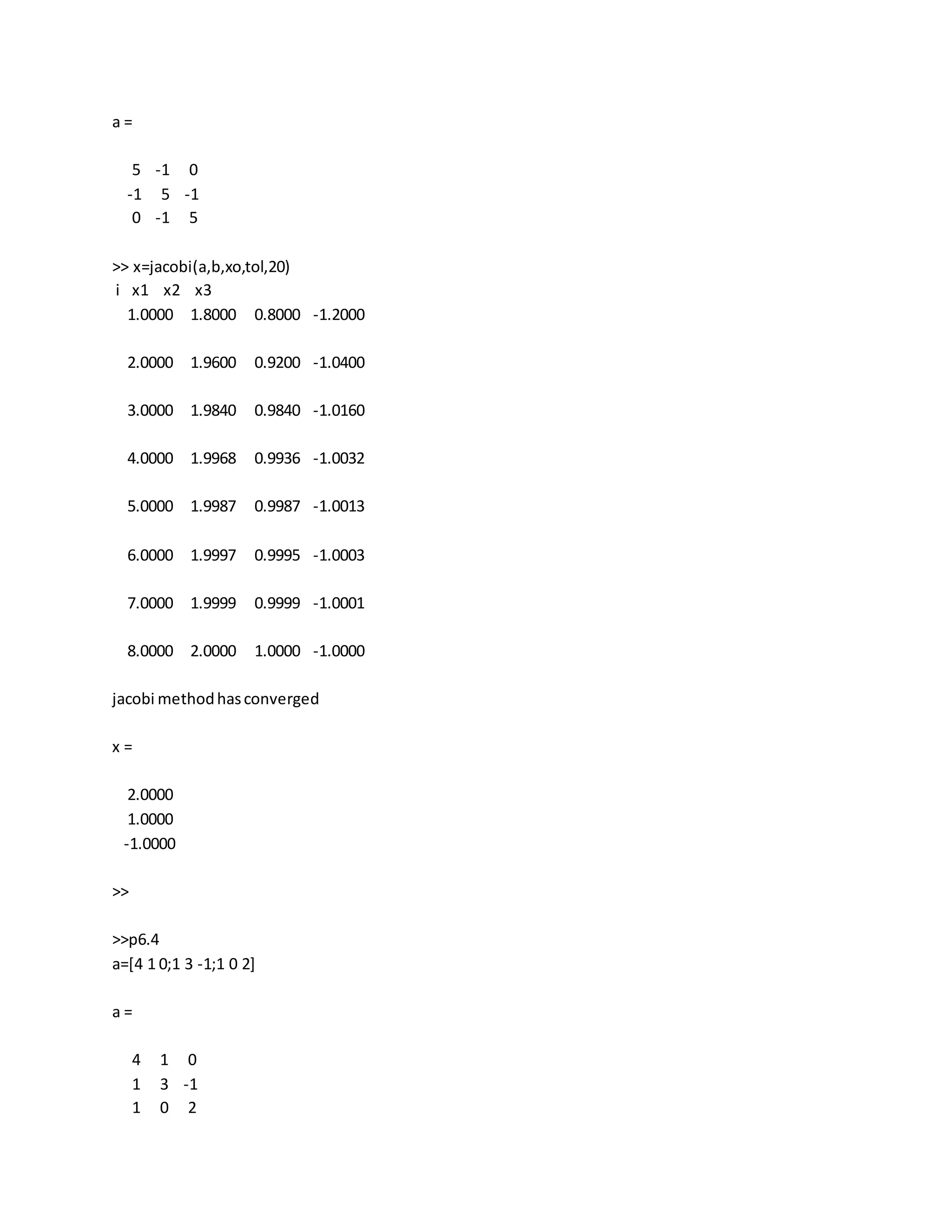 a =
5 -1 0
-1 5 -1
0 -1 5
>> x=jacobi(a,b,xo,tol,20)
i x1 x2 x3
1.0000 1.8000 0.8000 -1.2000
2.0000 1.9600 0.9200 -1.0400
3.0000 1.9840 0.9840 -1.0160
4.0000 1.9968 0.9936 -1.0032
5.0000 1.9987 0.9987 -1.0013
6.0000 1.9997 0.9995 -1.0003
7.0000 1.9999 0.9999 -1.0001
8.0000 2.0000 1.0000 -1.0000
jacobi methodhasconverged
x =
2.0000
1.0000
-1.0000
>>
>>p6.4
a=[4 1 0;1 3 -1;1 0 2]
a =
4 1 0
1 3 -1
1 0 2
 