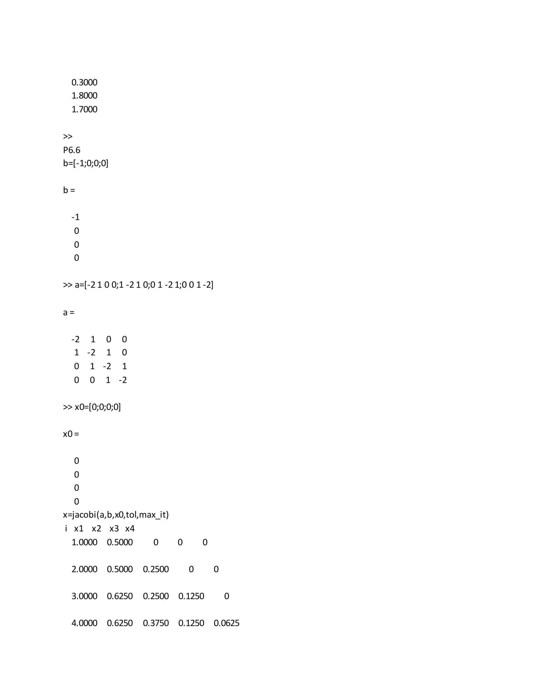 0.3000
1.8000
1.7000
>>
P6.6
b=[-1;0;0;0]
b =
-1
0
0
0
>> a=[-2 1 0 0;1 -2 1 0;0 1 -2 1;0 0 1 -2]
a =
-2 1 0 0
1 -2 1 0
0 1 -2 1
0 0 1 -2
>> x0=[0;0;0;0]
x0 =
0
0
0
0
x=jacobi(a,b,x0,tol,max_it)
i x1 x2 x3 x4
1.0000 0.5000 0 0 0
2.0000 0.5000 0.2500 0 0
3.0000 0.6250 0.2500 0.1250 0
4.0000 0.6250 0.3750 0.1250 0.0625
 