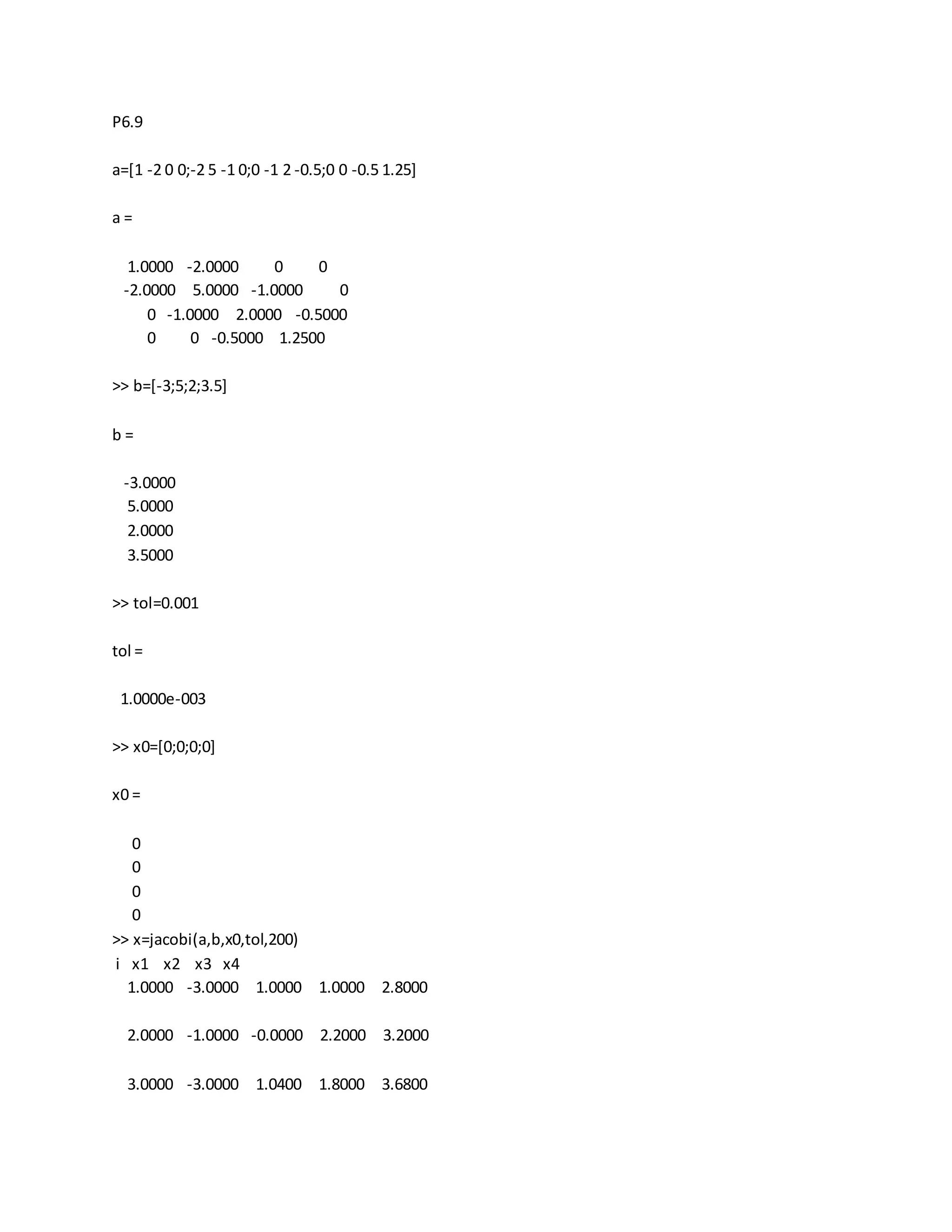 P6.9
a=[1 -2 0 0;-2 5 -1 0;0 -1 2 -0.5;0 0 -0.5 1.25]
a =
1.0000 -2.0000 0 0
-2.0000 5.0000 -1.0000 0
0 -1.0000 2.0000 -0.5000
0 0 -0.5000 1.2500
>> b=[-3;5;2;3.5]
b =
-3.0000
5.0000
2.0000
3.5000
>> tol=0.001
tol =
1.0000e-003
>> x0=[0;0;0;0]
x0 =
0
0
0
0
>> x=jacobi(a,b,x0,tol,200)
i x1 x2 x3 x4
1.0000 -3.0000 1.0000 1.0000 2.8000
2.0000 -1.0000 -0.0000 2.2000 3.2000
3.0000 -3.0000 1.0400 1.8000 3.6800
 