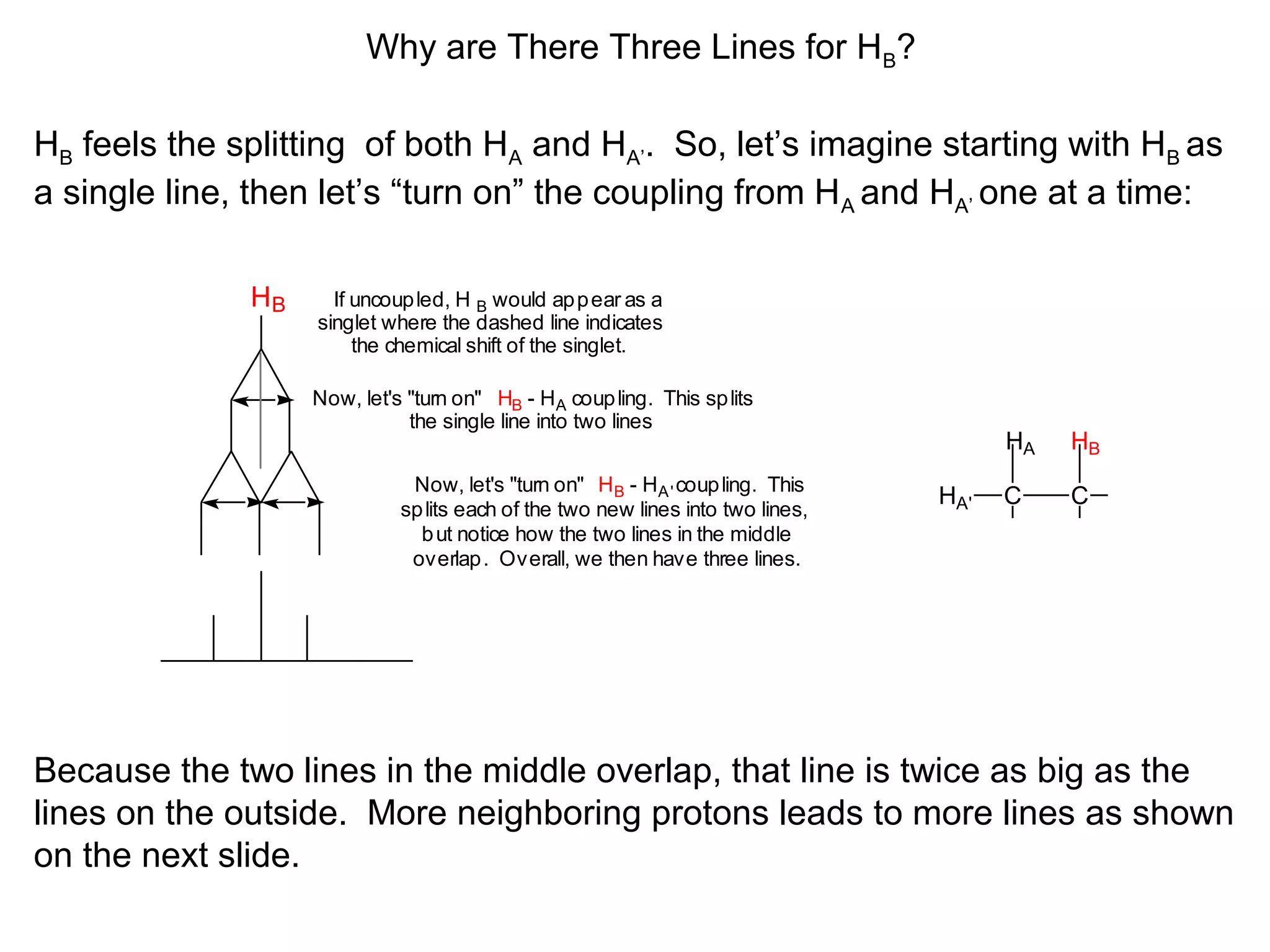 Why are There Three Lines for HB? 
HB feels the splitting of both HA and HA’. So, let’s imagine starting with HB as 
a single line, then let’s “turn on” the coupling from HA and HA’ one at a time: 
HB 
If uncoupled, H B would appear as a 
singlet where the dashed line indicates 
the chemical shift of the singlet. 
Now, let's "turn on" HB - HA coupling. This splits 
the single line into two lines 
Now, let's "turn on" HB - HA' coupling. This 
splits each of the two new lines into two lines, 
but notice how the two lines in the middle 
overlap. Overall, we then have three lines. 
HA HB 
C C 
HA' 
Because the two lines in the middle overlap, that line is twice as big as the 
lines on the outside. More neighboring protons leads to more lines as shown 
on the next slide. 
 