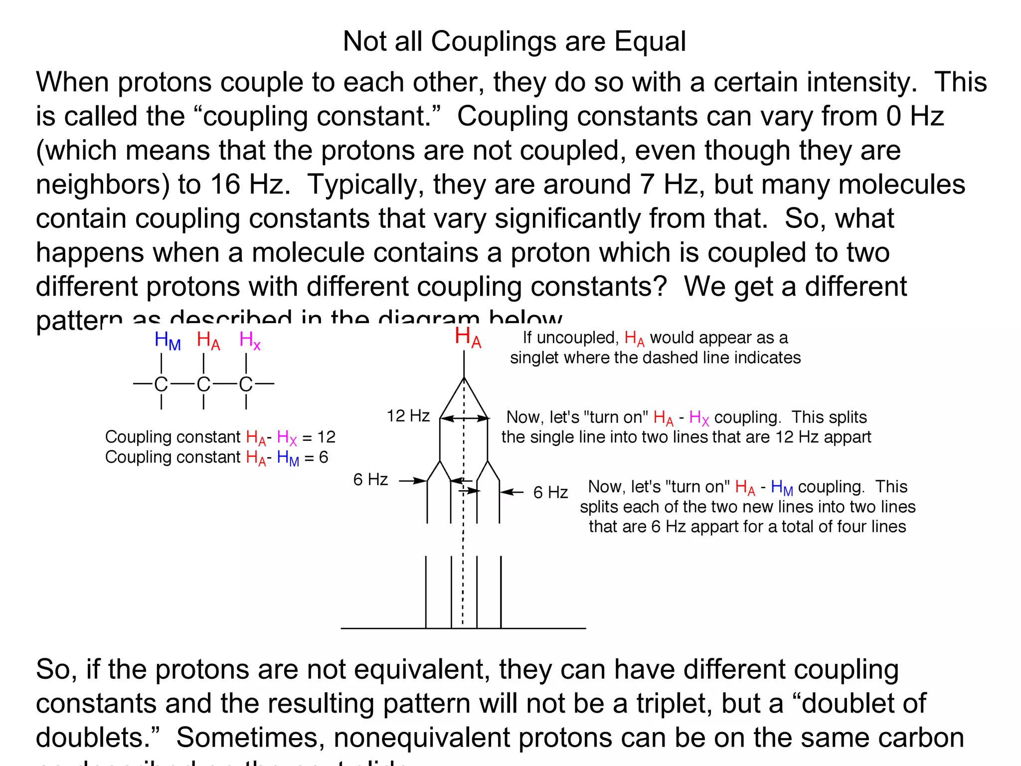 Not all Couplings are Equal 
When protons couple to each other, they do so with a certain intensity. This 
is called the “coupling constant.” Coupling constants can vary from 0 Hz 
(which means that the protons are not coupled, even though they are 
neighbors) to 16 Hz. Typically, they are around 7 Hz, but many molecules 
contain coupling constants that vary significantly from that. So, what 
happens when a molecule contains a proton which is coupled to two 
different protons with different coupling constants? We get a different 
pattern as described in the diagram below. 
So, if the protons are not equivalent, they can have different coupling 
constants and the resulting pattern will not be a triplet, but a “doublet of 
doublets.” Sometimes, nonequivalent protons can be on the same carbon 
as described on the next slide. 
 