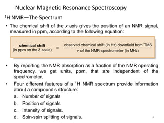 14
Nuclear Magnetic Resonance Spectroscopy
• The chemical shift of the x axis gives the position of an NMR signal,
measured in ppm, according to the following equation:
1H NMR—The Spectrum
• By reporting the NMR absorption as a fraction of the NMR operating
frequency, we get units, ppm, that are independent of the
spectrometer.
• Four different features of a 1H NMR spectrum provide information
about a compound’s structure:
a. Number of signals
b. Position of signals
c. Intensity of signals.
d. Spin-spin splitting of signals.
 