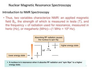 5
Nuclear Magnetic Resonance Spectroscopy
• Thus, two variables characterize NMR: an applied magnetic
field B0, the strength of which is measured in tesla (T), and
the frequency  of radiation used for resonance, measured in
hertz (Hz), or megahertz (MHz)—(1 MHz = 106 Hz).
Introduction to NMR Spectroscopy
 
