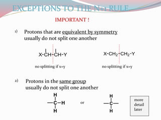 EXCEPTIONS TO THE N+1 RULE
IMPORTANT !
Protons that are equivalent by symmetry
usually do not split one another
CH CHX Y CH2 CH2X Y
no splitting if x=y no splitting if x=y
1)
2) Protons in the same group
usually do not split one another
C
H
H
H or C
H
H
more
detail
later
 