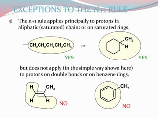 3) The n+1 rule applies principally to protons in
aliphatic (saturated) chains or on saturated rings.
EXCEPTIONS TO THE N+1 RULE
CH2CH2CH2CH2CH3
CH3
Hor
but does not apply (in the simple way shown here)
to protons on double bonds or on benzene rings.
CH3
H
H
H
CH3
NO
NO
YES YES
 