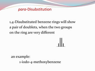 1,4-Disubstituted benzene rings will show
a pair of doublets, when the two groups
on the ring are very different
an example:
1-iodo-4-methoxybenzene
para-Disubstitution
 