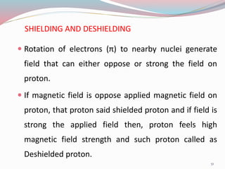 SHIELDING AND DESHIELDING
 Rotation of electrons (π) to nearby nuclei generate
field that can either oppose or strong the field on
proton.
 If magnetic field is oppose applied magnetic field on
proton, that proton said shielded proton and if field is
strong the applied field then, proton feels high
magnetic field strength and such proton called as
Deshielded proton.
51
 