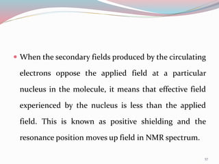  When the secondary fields produced by the circulating
electrons oppose the applied field at a particular
nucleus in the molecule, it means that effective field
experienced by the nucleus is less than the applied
field. This is known as positive shielding and the
resonance position moves up field in NMR spectrum.
57
 