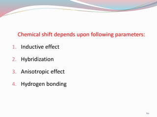 Chemical shift depends upon following parameters:
1. Inductive effect
2. Hybridization
3. Anisotropic effect
4. Hydrogen bonding
60
 