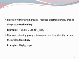  Electron withdrawing groups– reduces electron density around
the proton Deshielding.
Examples: F, Cl, Br, I, OH, NH2, NO2
 Electron releasing groups- increases electron density around
the proton Shielding.
Examples: Alkyl groups
66
 