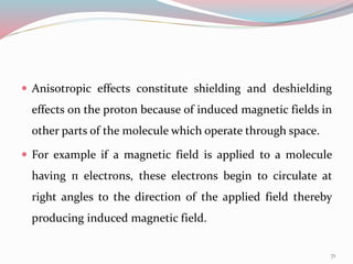 Anisotropic effects constitute shielding and deshielding
effects on the proton because of induced magnetic fields in
other parts of the molecule which operate through space.
 For example if a magnetic field is applied to a molecule
having п electrons, these electrons begin to circulate at
right angles to the direction of the applied field thereby
producing induced magnetic field.
71
 