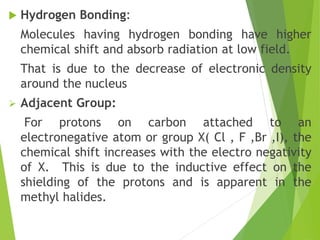  Hydrogen Bonding:
Molecules having hydrogen bonding have higher
chemical shift and absorb radiation at low field.
That is due to the decrease of electronic density
around the nucleus
 Adjacent Group:
For protons on carbon attached to an
electronegative atom or group X( Cl , F ,Br ,I), the
chemical shift increases with the electro negativity
of X. This is due to the inductive effect on the
shielding of the protons and is apparent in the
methyl halides.
 