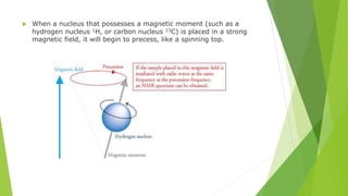  When a nucleus that possesses a magnetic moment (such as a
hydrogen nucleus 1H, or carbon nucleus 13C) is placed in a strong
magnetic field, it will begin to precess, like a spinning top.
 