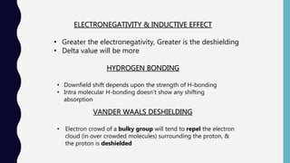 ELECTRONEGATIVITY & INDUCTIVE EFFECT
• Greater the electronegativity, Greater is the deshielding
• Delta value will be more
HYDROGEN BONDING
• Downfield shift depends upon the strength of H-bonding
• Intra molecular H-bonding doesn’t show any shifting
absorption
VANDER WAALS DESHIELDING
• Electron crowd of a bulky group will tend to repel the electron
cloud (in over crowded molecules) surrounding the proton, &
the proton is deshielded
 