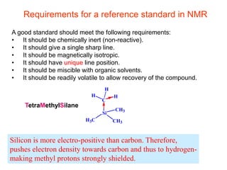 Requirements for a reference standard in NMR
A good standard should meet the following requirements:
• It should be chemically inert (non-reactive).
• It should give a single sharp line.
• It should be magnetically isotropic.
• It should have unique line position.
• It should be miscible with organic solvents.
• It should be readily volatile to allow recovery of the compound.
TetraMethylSilane
Silicon is more electro-positive than carbon. Therefore,
pushes electron density towards carbon and thus to hydrogen-
making methyl protons strongly shielded.
H3C
Si
CH3
C
CH3
H
H
H
 