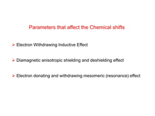 Parameters that affect the Chemical shifts
 Electron Withdrawing Inductive Effect
 Diamagnetic anisotropic shielding and deshielding effect
 Electron donating and withdrawing mesomeric (resonance) effect
 