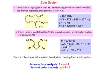 Intermediate analysis: 3 < n/ J
Second order analysis: n/ J < 3
Spin System
 If n/J ratio is large (greater than 8), the interacting nuclei are weakly coupled.
They are well separated, Designated as AM or AX.
O O
Ha
Hb
6.45
7.72
In 100 MHz
n/J = 772 – 645 = 127 Hz
J = 10 Hz
n/J = 127/10 = 12.7
 If n/J ratio is small (less than 6), the interacting nuclei are strongly coupled.
Designated as AB
S Br
Hb
Cl
Ha 5.9
6.0 In 100 MHz
n/J = 600 –590 = 10 Hz
J = 4 Hz
n/J = 10/4 = 2.5
Such a collection of set insulated from further coupling form a spin system
 