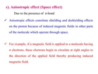 c). Anisotropic effect (Space effect)
Due to the presence of π-bond
 Anisotropic effects constitute shielding and deshielding effects
on the proton because of induced magnetic fields in other parts
of the molecule which operate through space.
 For example, if a magnetic field is applied to a molecule having
π electrons, these electrons begin to circulate at right angles to
the direction of the applied field thereby producing induced
magnetic field.
 