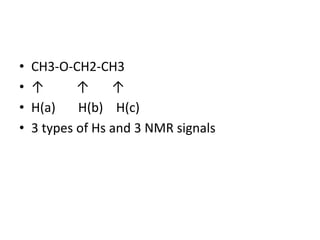 • CH3-O-CH2-CH3
• ↑ ↑ ↑
• H(a) H(b) H(c)
• 3 types of Hs and 3 NMR signals
 