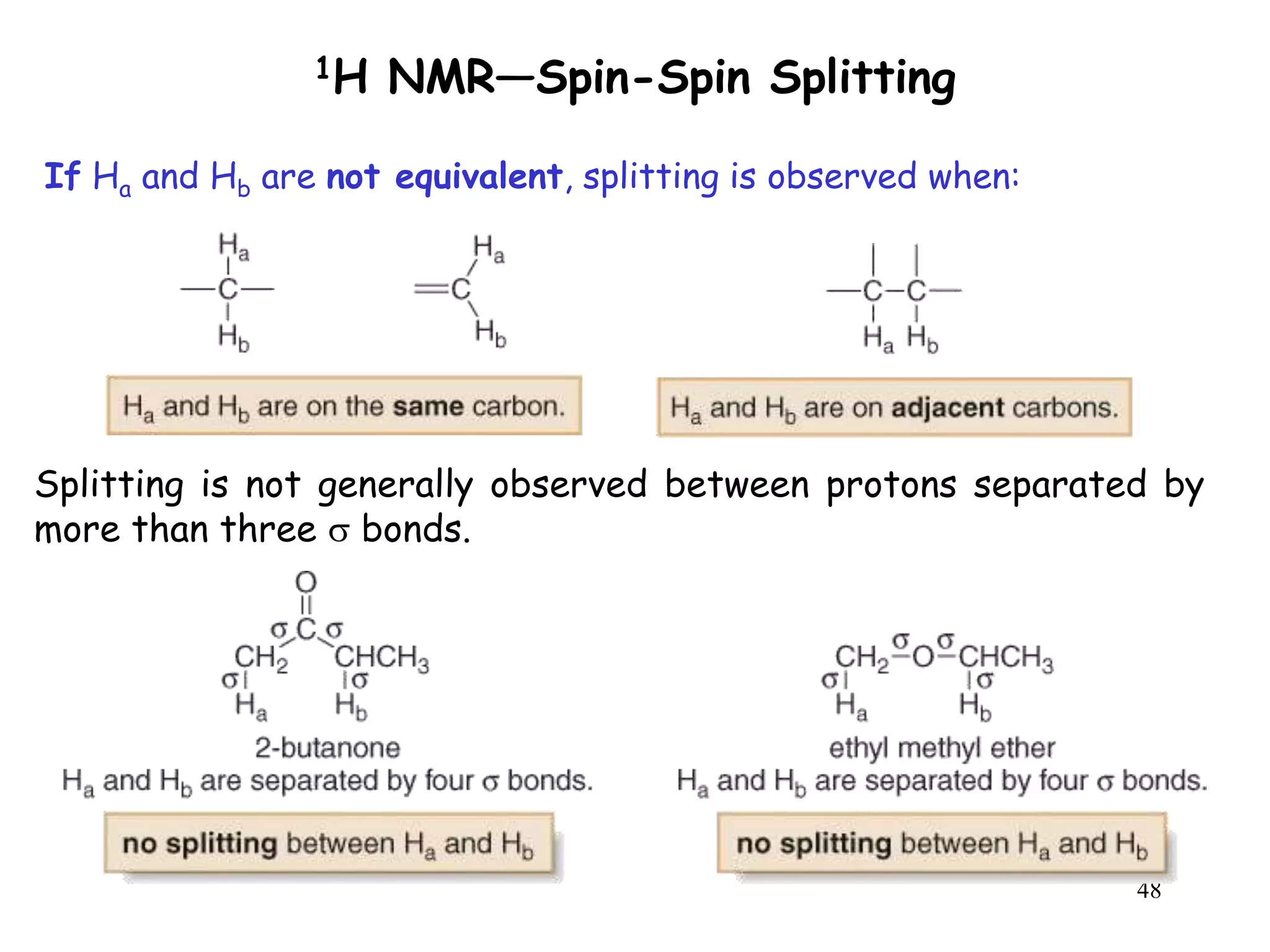 48
1H NMR—Spin-Spin Splitting
Splitting is not generally observed between protons separated by
more than three  bonds.
If Ha and Hb are not equivalent, splitting is observed when:
 