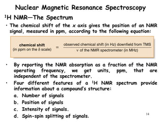 14
Nuclear Magnetic Resonance Spectroscopy
• The chemical shift of the x axis gives the position of an NMR
signal, measured in ppm, according to the following equation:
1H NMR—The Spectrum
• By reporting the NMR absorption as a fraction of the NMR
operating frequency, we get units, ppm, that are
independent of the spectrometer.
• Four different features of a 1H NMR spectrum provide
information about a compound’s structure:
a. Number of signals
b. Position of signals
c. Intensity of signals.
d. Spin-spin splitting of signals.
 
