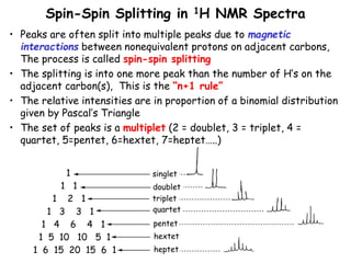 Spin-Spin Splitting in 1H NMR Spectra
• Peaks are often split into multiple peaks due to magnetic
interactions between nonequivalent protons on adjacent carbons,
The process is called spin-spin splitting
• The splitting is into one more peak than the number of H’s on the
adjacent carbon(s), This is the “n+1 rule”
• The relative intensities are in proportion of a binomial distribution
given by Pascal’s Triangle
• The set of peaks is a multiplet (2 = doublet, 3 = triplet, 4 =
quartet, 5=pentet, 6=hextet, 7=heptet…..)
1
1 1
1 2 1
1 3 3 1
1 4 6 4 1
1 5 10 10 5 1
1 6 15 20 15 6 1
singlet
doublet
triplet
quartet
pentet
hextet
heptet
 