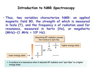 7
• Thus, two variables characterize NMR: an applied
magnetic field B0, the strength of which is measured
in tesla (T), and the frequency n of radiation used for
resonance, measured in hertz (Hz), or megahertz
(MHz)—(1 MHz = 106 Hz).
Introduction to NMR Spectroscopy
 