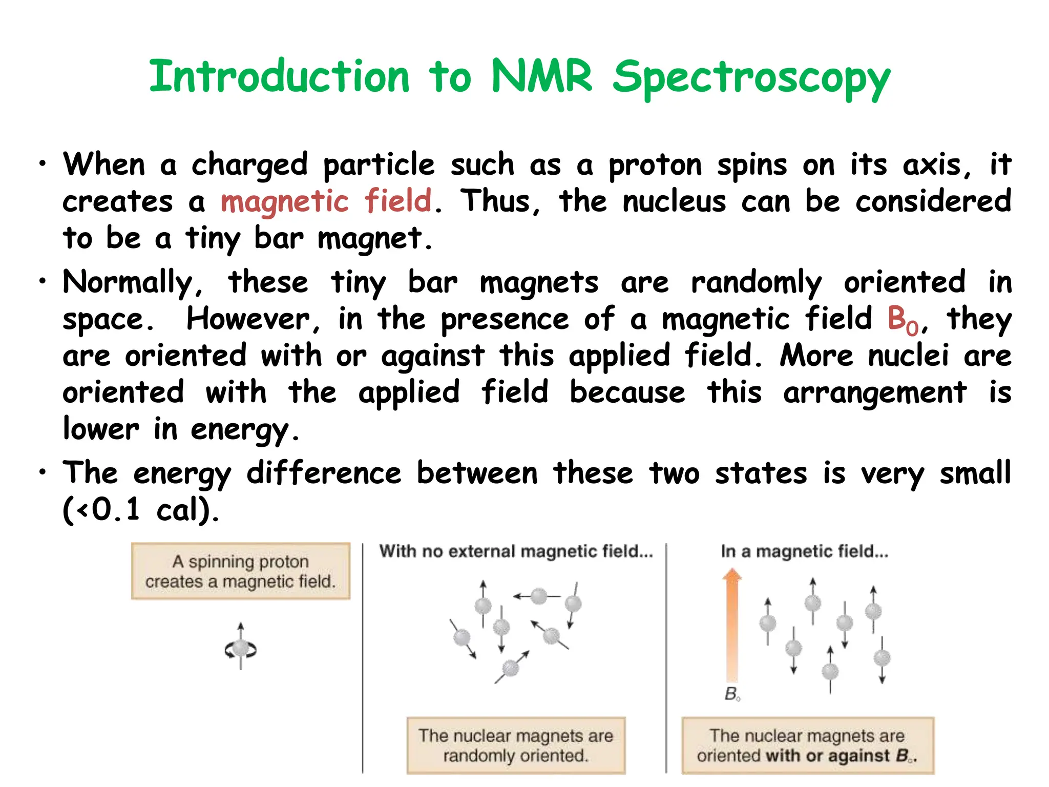 • When a charged particle such as a proton spins on its axis, it
creates a magnetic field. Thus, the nucleus can be considered
to be a tiny bar magnet.
• Normally, these tiny bar magnets are randomly oriented in
space. However, in the presence of a magnetic field B0, they
are oriented with or against this applied field. More nuclei are
oriented with the applied field because this arrangement is
lower in energy.
• The energy difference between these two states is very small
(<0.1 cal).
Introduction to NMR Spectroscopy
 