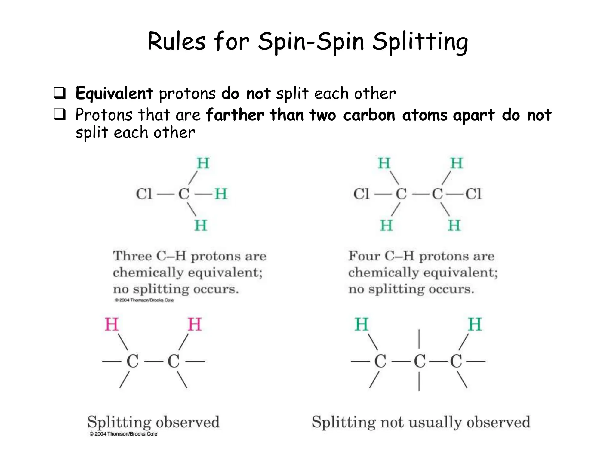 Rules for Spin-Spin Splitting
 Equivalent protons do not split each other
 Protons that are farther than two carbon atoms apart do not
split each other
 