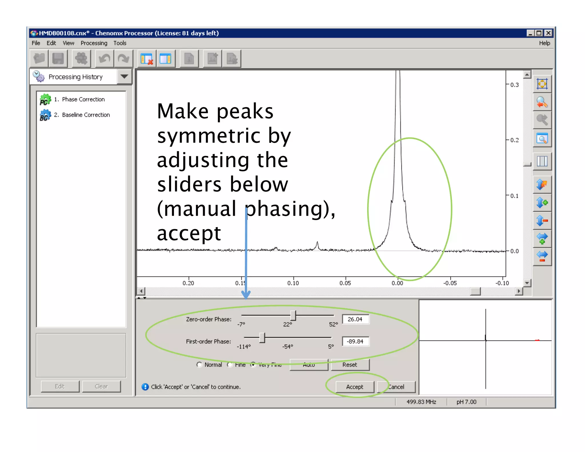Make peaks
symmetric by
adjusting the
sliders below
(manual phasing),
accept
 