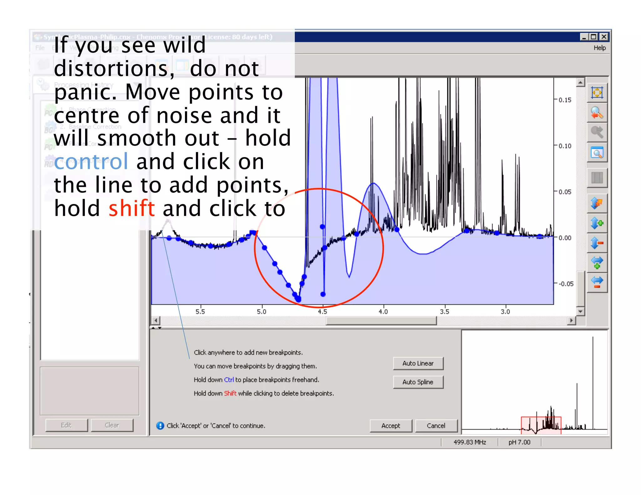 If you see wild
distortions, do not
panic. Move points to
centre of noise and it
will smooth out – hold
control and click on
the line to add points,
hold shift and click to
 