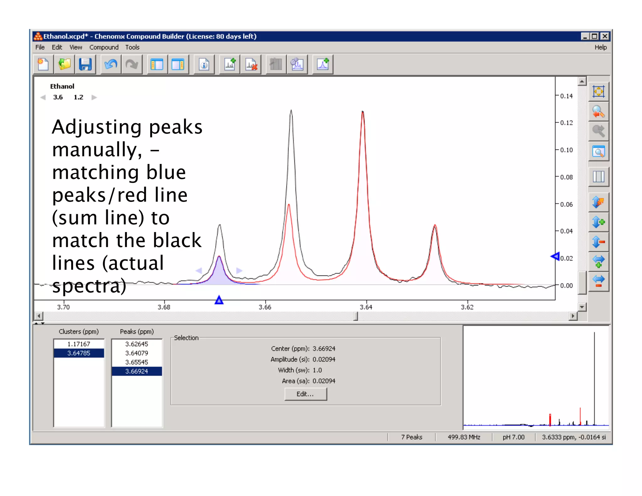 Adjusting peaks
manually, -
matching blue
peaks/red line
(sum line) to
match the black
lines (actual
spectra)
 