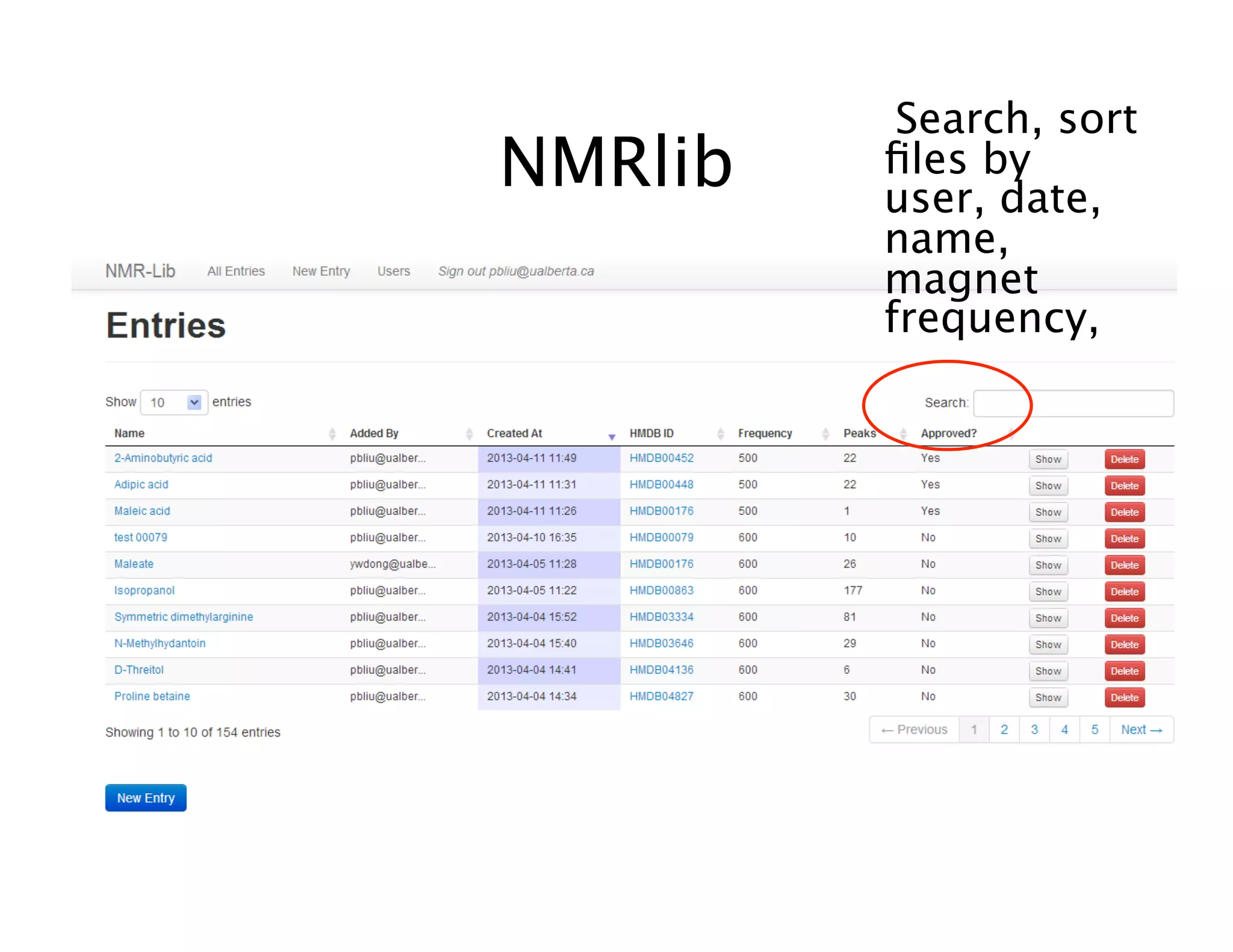 NMRlib
Search, sort
ﬁles by
user, date,
name,
magnet
frequency,
 