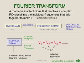 FOURIER TRANSFORMFOURIER TRANSFORM
A mathematical technique that resolves a complex
FID signal into the individual frequencies that add
together to make it.
COMPLEX
SIGNAL ν1 + ν2 + ν3 + ......
computer
Fourier
Transform
FT-NMR
individual
frequencies
TIME DOMAIN FREQUENCY DOMAIN
a mixture of frequencies
decaying (with time)
converted to
converted to a spectrum
( Details not given here. )
FID NMR SPECTRUM
DOMAINS ARE
MATHEMATICAL
TERMS
Asheesh Pandey
 