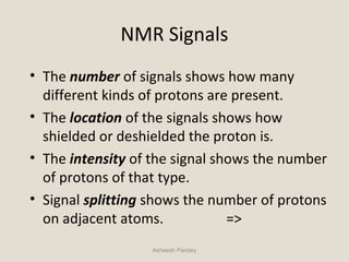 NMR Signals
• The number of signals shows how many
different kinds of protons are present.
• The location of the signals shows how
shielded or deshielded the proton is.
• The intensity of the signal shows the number
of protons of that type.
• Signal splitting shows the number of protons
on adjacent atoms. =>
Asheesh Pandey
 