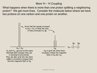 More 1
H - 1
H Coupling
What happens when there is more than one proton splitting a neighboring
proton? We get more lines. Consider the molecule below where we have
two protons on one carbon and one proton on another.
C C
HBHA
HA'
HA + HA' HB
HA and HA ' appear at the same
chemical shift because they are
in identical environments
They are also split into two lines
(called a doublet) because they
feel the magnetic field of HB.
HB is split into three lines
because it feels the magnetic
field of HA and HA '
Note that the signal produced
byHA + HA ' is twice the size
of that produced b y HB
Asheesh Pandey
 