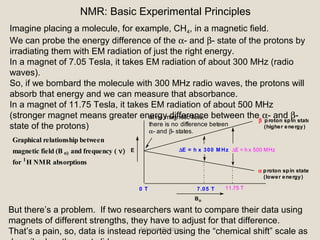 NMR: Basic Experimental Principles
Imagine placing a molecule, for example, CH4, in a magnetic field.
We can probe the energy difference of the α- and β- state of the protons by
irradiating them with EM radiation of just the right energy.
In a magnet of 7.05 Tesla, it takes EM radiation of about 300 MHz (radio
waves).
So, if we bombard the molecule with 300 MHz radio waves, the protons will
absorb that energy and we can measure that absorbance.
In a magnet of 11.75 Tesla, it takes EM radiation of about 500 MHz
(stronger magnet means greater energy difference between the α- and β-
state of the protons)
But there’s a problem. If two researchers want to compare their data using
magnets of different strengths, they have to adjust for that difference.
That’s a pain, so, data is instead reported using the “chemical shift” scale as
E
Bo
∆E = h x 300 M Hz ∆E = h x 500 MHz
7.05 T 11.75 T
α proton spin state
(lower energy)
β proton spin state
(higher energy)
Graphical relationship between
magnetic field (B o) and frequency ( ν)
for 1
H NMR absorptions
at no magnetic field,
there is no difference beteen
α- and β- states.
0 T
Asheesh Pandey
 