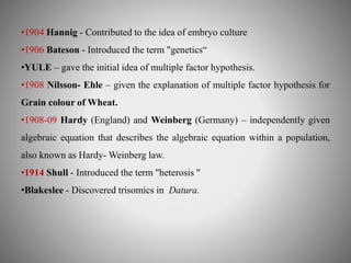 •1904 Hannig - Contributed to the idea of embryo culture 
•1906 Bateson - Introduced the term "genetics“ 
•YULE – gave the initial idea of multiple factor hypothesis. 
•1908 Nilsson- Ehle – given the explanation of multiple factor hypothesis for 
Grain colour of Wheat. 
•1908-09 Hardy (England) and Weinberg (Germany) – independently given 
algebraic equation that describes the algebraic equation within a population, 
also known as Hardy-Weinberg law. 
•1914 Shull - Introduced the term "heterosis " 
•Blakeslee - Discovered trisomics in Datura. 
 
