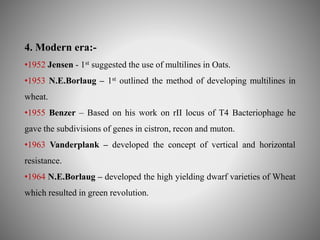 4. Modern era:- 
•1952 Jensen - 1st suggested the use of multilines in Oats. 
•1953 N.E.Borlaug – 1st outlined the method of developing multilines in 
wheat. 
•1955 Benzer – Based on his work on rII locus of T4 Bacteriophage he 
gave the subdivisions of genes in cistron, recon and muton. 
•1963 Vanderplank – developed the concept of vertical and horizontal 
resistance. 
•1964 N.E.Borlaug – developed the high yielding dwarf varieties of Wheat 
which resulted in green revolution. 
 