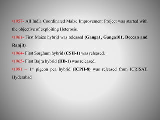 •1957- All India Coordinated Maize Improvement Project was started with 
the objective of exploiting Heterosis. 
•1961- First Maize hybrid was released (Ganga1, Ganga101, Deccan and 
Ranjit) 
•1964- First Sorghum hybrid (CSH-1) was released. 
•1965- First Bajra hybrid (HB-1) was released. 
•1991 – 1st pigeon pea hybrid (ICPH-8) was released from ICRISAT, 
Hyderabad 
 