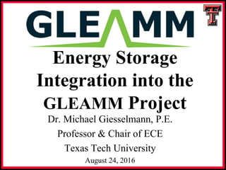 Energy Storage
Integration into the
GLEAMM Project
Dr. Michael Giesselmann, P.E.
Professor & Chair of ECE
Texas Tech University
August 24, 2016
 