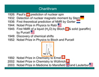 Charithram
1926: Pauli’s    prediction of nuclear spin
1932: Detection of nuclear magnetic moment by Stern
1936: First theoretical prediction of NMR by Gorter
1944: Nobel Prize in Physics to Rabi
1945: First NMR of a liquid (H2O) by Bloch & solid (paraffin)
      by Purcell
1949: Discovery of chemical shifts
1952: Nobel Prize in Physics to Bloch and Purcell




1992: Nobel Prize in Chemistry to Ernst
2002: Nobel Prize in Chemistry to Wüthrich
2003: Nobel Prize in Medicine to Mansfield   and Lauterbur
                                                         1
 