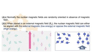 (a) Normally the nuclear magnetic fields are randomly oriented in absence of magnetic
field .
(b) When placed in an external magnetic field (Bo), the nuclear magnetic field can either
be aligned with the external magnetic (low energy) or oppose the external magnetic field
(High energy).
11
(a)
 