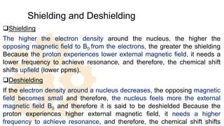 Shielding and Deshielding
Shielding
The higher the electron density around the nucleus, the higher the
opposing magnetic field to B0 from the electrons, the greater the shielding
Because the proton experiences lower external magnetic field, it needs a
lower frequency to achieve resonance, and therefore, the chemical shift
shifts upfield (lower ppms).
Deshielding
If the electron density around a nucleus decreases, the opposing magnetic
field becomes small and therefore, the nucleus feels more the external
magnetic field B0 and therefore it is said to be deshielded Because the
proton experiences higher external magnetic field, it needs a higher
frequency to achieve resonance, and therefore, the chemical shift shifts
22
 
