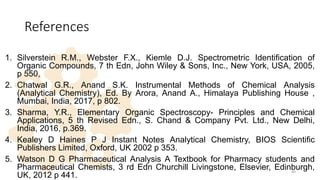 References
1. Silverstein R.M., Webster F.X., Kiemle D.J. Spectrometric Identification of
Organic Compounds, 7 th Edn, John Wiley & Sons, Inc., New York, USA, 2005,
p 550,
2. Chatwal G.R., Anand S.K. Instrumental Methods of Chemical Analysis
(Analytical Chemistry), Ed. By Arora, Anand A., Himalaya Publishing House ,
Mumbai, India, 2017, p 802.
3. Sharma, Y.R., Elementary Organic Spectroscopy- Principles and Chemical
Applications, 5 th Revised Edn., S. Chand & Company Pvt. Ltd., New Delhi,
India, 2016, p.369.
4. Kealey D Haines P J Instant Notes Analytical Chemistry, BIOS Scientific
Publishers Limited, Oxford, UK 2002 p 353.
5. Watson D G Pharmaceutical Analysis A Textbook for Pharmacy students and
Pharmaceutical Chemists, 3 rd Edn Churchill Livingstone, Elsevier, Edinburgh,
UK, 2012 p 441.
49
 