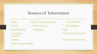Sources of Information
Books -journals - scholarly, popular - research Papers
Theses - world wide web - bibliographies
Encyclopaedias -handbooks -Maps
newspapers - Government legislation
standards
Statistics -government documents
conference proceedings -
 